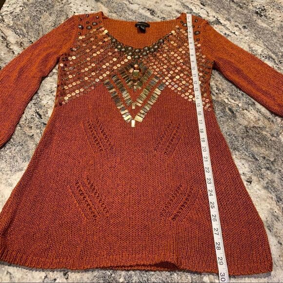 BCBGMaxazria embellished loose knit 3/4 sleeve tunic rustic burnt orange Large - Picture 8 of 10